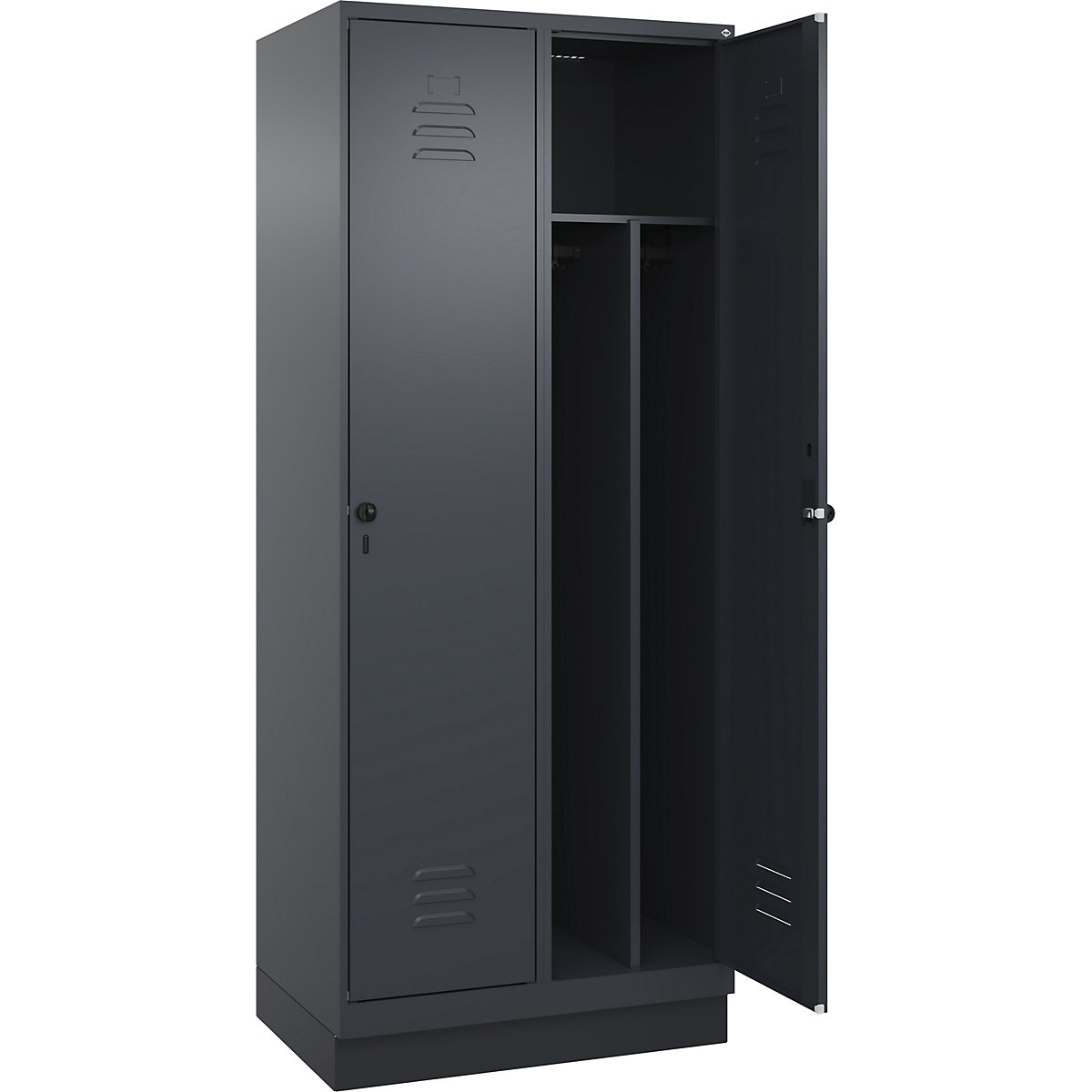 Cacifo com separação de roupa suja/limpa Classic PLUS, estreito – C+P, 2 compartimentos, divisória encurtada, cinzento, L 800 mm, com rodapé, trinco rotativo, divisória central-0