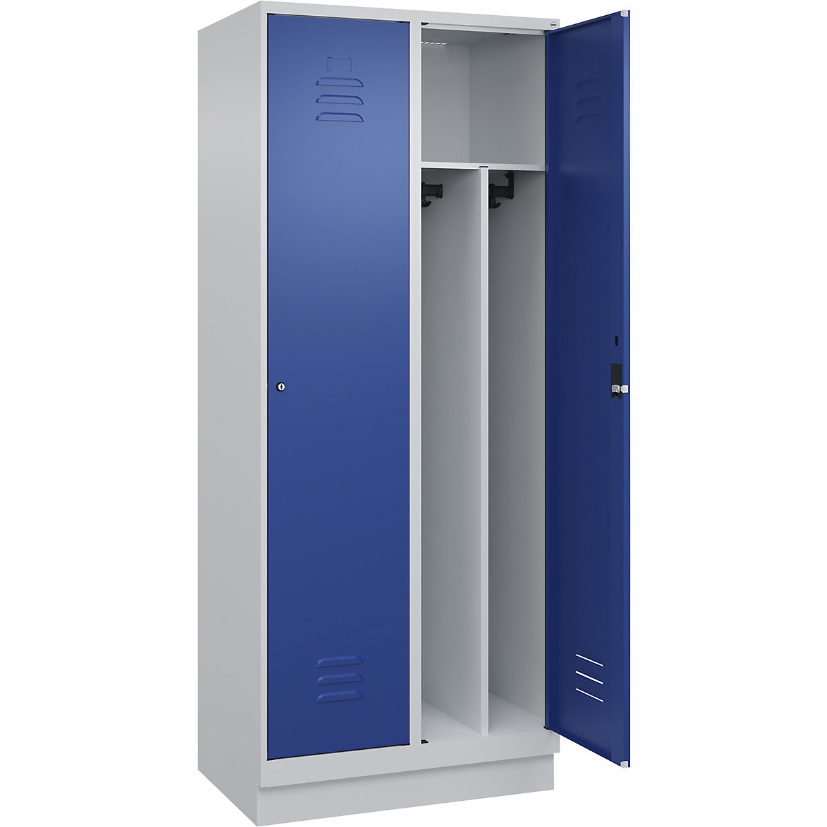 Cacifo com separação de roupa suja/limpa Classic PLUS, estreito – C+P, 2 compartimentos, divisória encurtada, cinzento claro/azul genciana, L 800 mm, com rodapé, fechadura de cilindro, divisória central-0