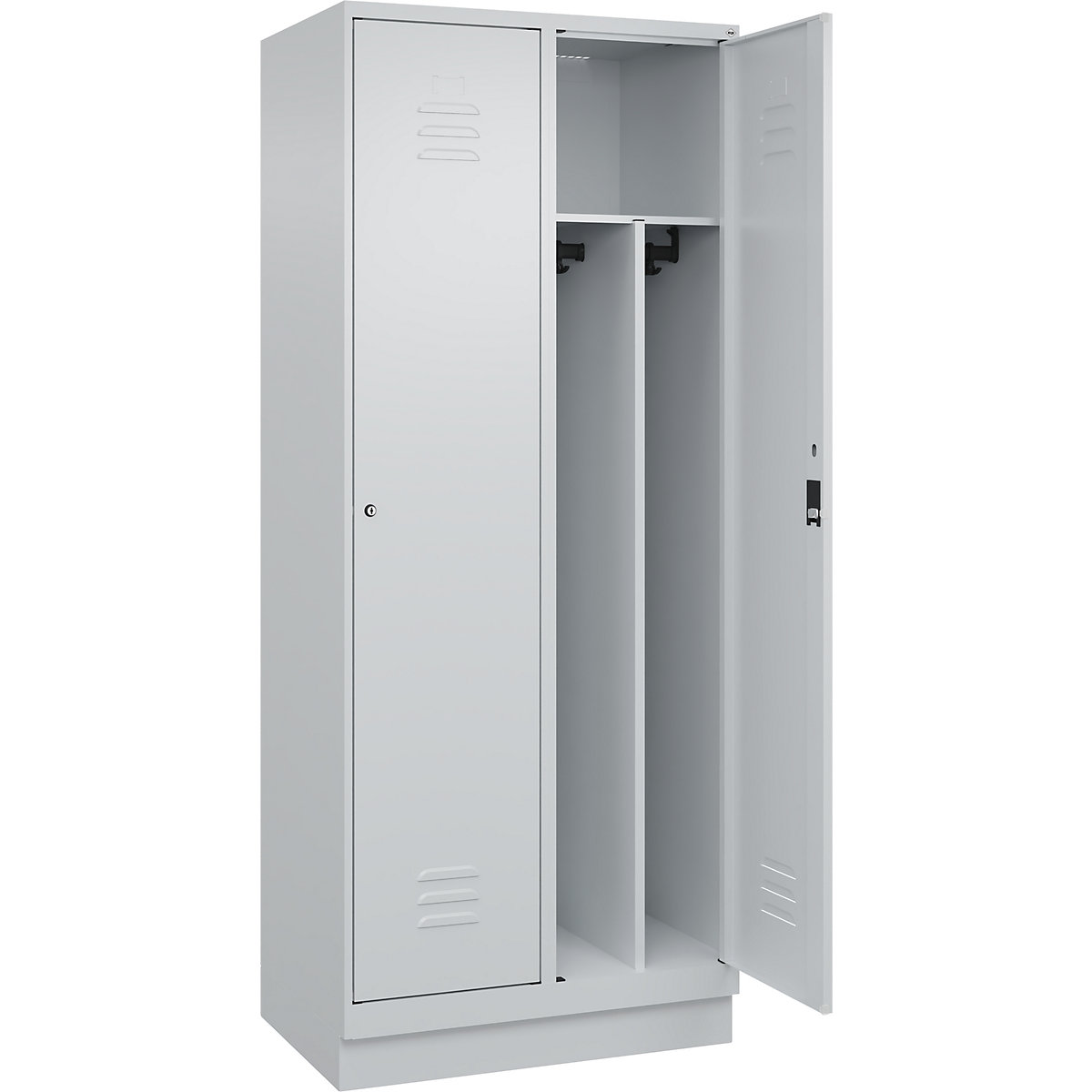 Cacifo com separação de roupa suja/limpa Classic PLUS, estreito – C+P, 2 compartimentos, divisória encurtada, cinzento claro, L 800 mm, com rodapé, fechadura de cilindro, divisória central-0