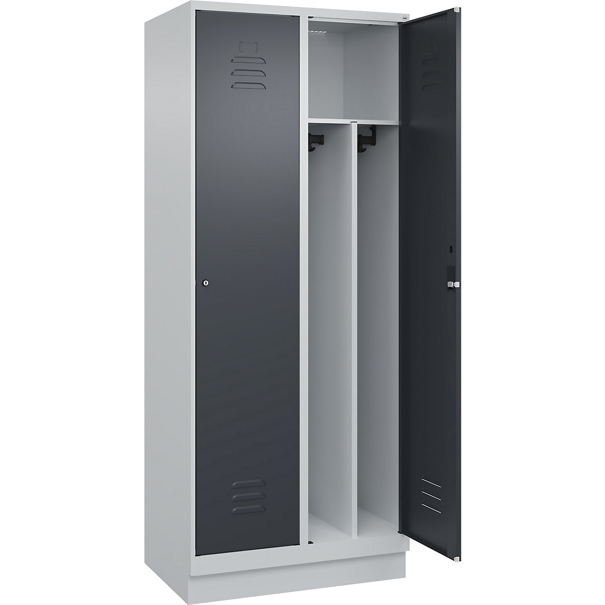 Cacifo com separação de roupa suja/limpa Classic PLUS, estreito – C+P, 2 compartimentos, divisória encurtada, cinzento claro/cinzento, L 800 mm, com rodapé, fechadura de cilindro, divisória central-0