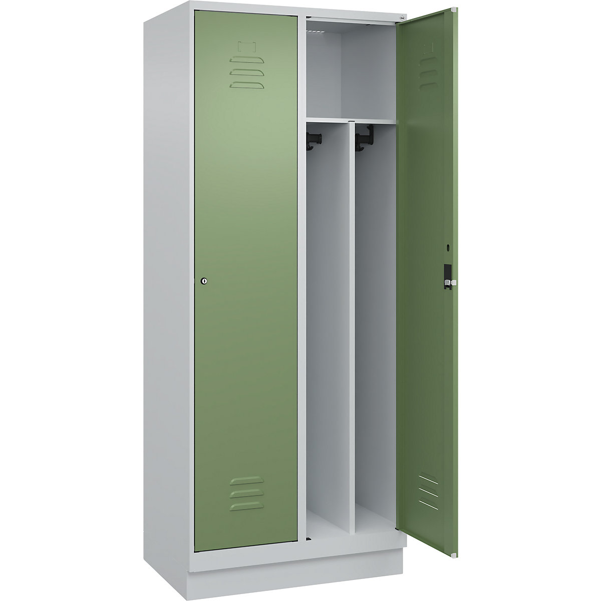 Cacifo com separação de roupa suja/limpa Classic PLUS, estreito – C+P, 2 compartimentos, divisória encurtada, cinzento claro/verde reseda, L 800 mm, com rodapé, fechadura de cilindro, divisória central-0