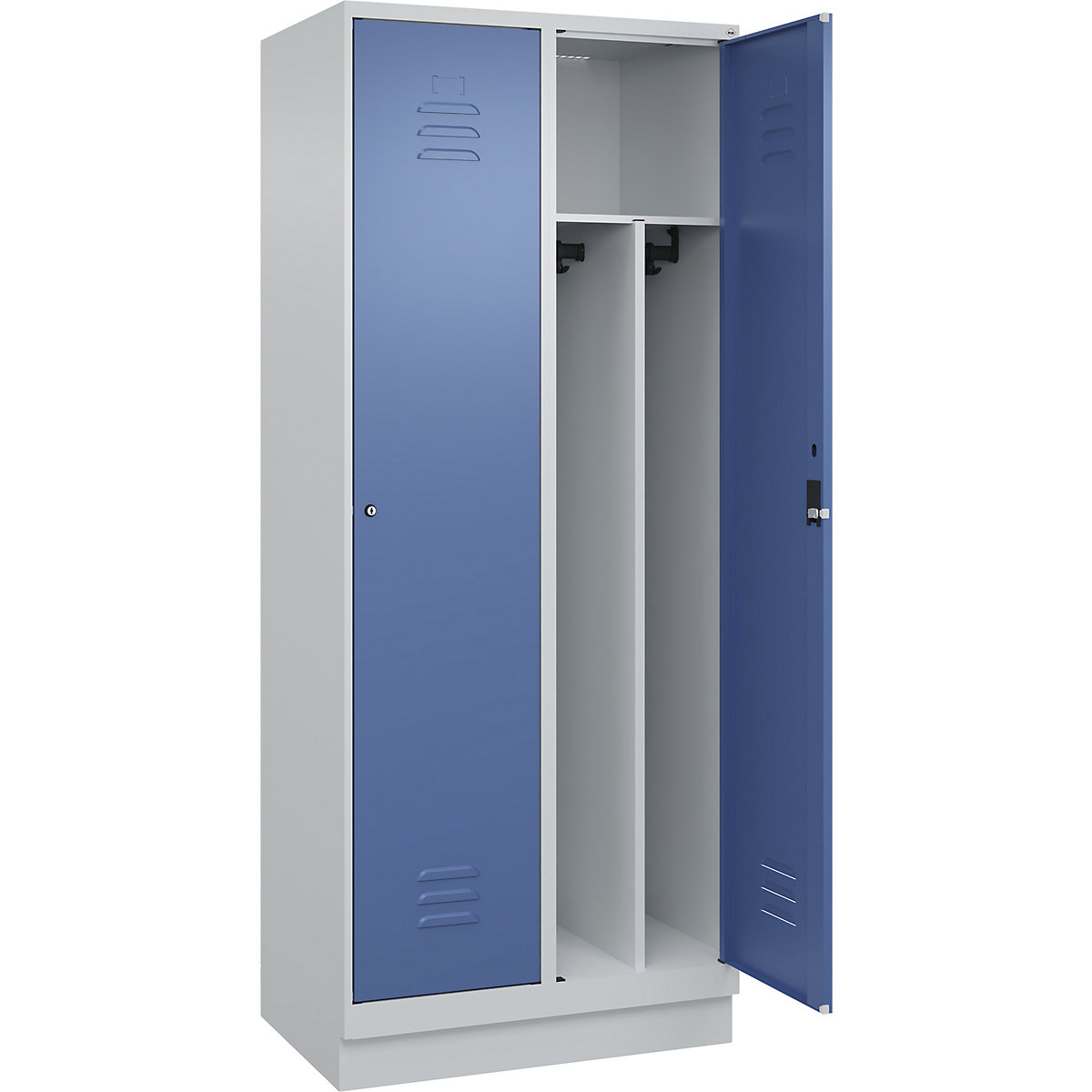 Cacifo com separação de roupa suja/limpa Classic PLUS, estreito – C+P, 2 compartimentos, divisória encurtada, cinzento claro/azul distante, L 800 mm, com rodapé, fechadura de cilindro, divisória central-0