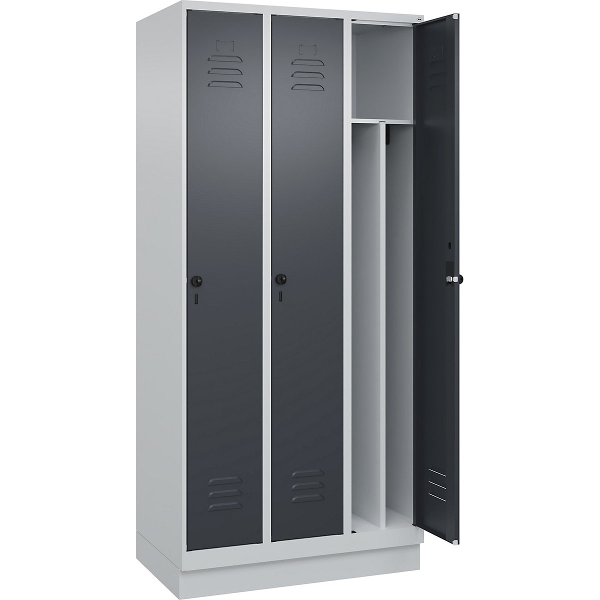 Cacifo com separação de roupa suja/limpa Classic PLUS, estreito – C+P, 3 compartimentos, divisória encurtada, cinzento claro/cinzento, L 900 mm, com rodapé, trinco rotativo, divisória central-0