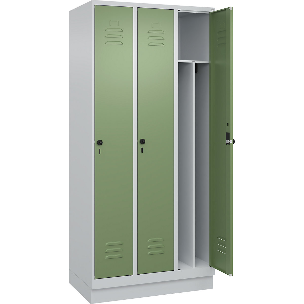 Cacifo com separação de roupa suja/limpa Classic PLUS, estreito – C+P, 3 compartimentos, divisória encurtada, cinzento claro/verde reseda, L 900 mm, com rodapé, trinco rotativo, divisória central-0