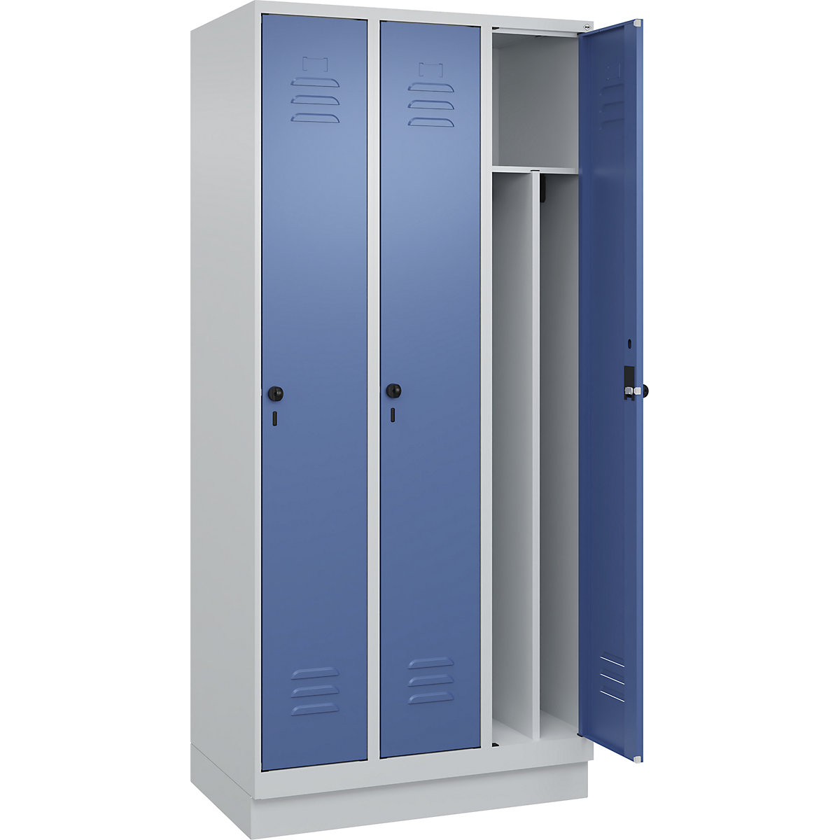 Cacifo com separação de roupa suja/limpa Classic PLUS, estreito – C+P, 3 compartimentos, divisória encurtada, cinzento claro/azul distante, L 900 mm, com rodapé, trinco rotativo, divisória central-0