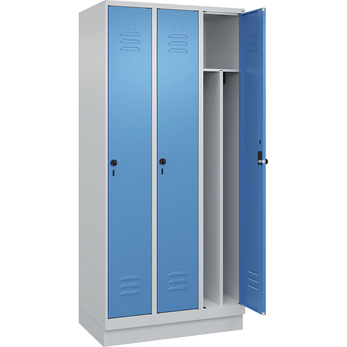 Cacifo com separação de roupa suja/limpa Classic PLUS, estreito – C+P, 3 compartimentos, divisória encurtada, cinzento claro/azul claro, L 900 mm, com rodapé, trinco rotativo, divisória central-0