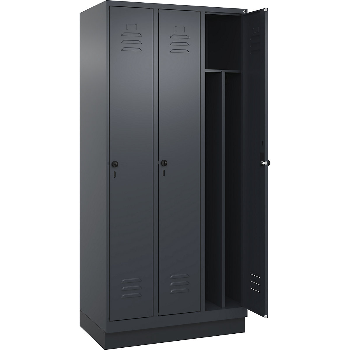 Cacifo com separação de roupa suja/limpa Classic PLUS, estreito – C+P, 3 compartimentos, divisória encurtada, cinzento, L 900 mm, com rodapé, trinco rotativo, divisória central-0