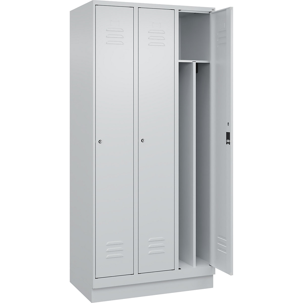 Cacifo com separação de roupa suja/limpa Classic PLUS, estreito – C+P, 3 compartimentos, divisória encurtada, cinzento claro, L 900 mm, com rodapé, fechadura de cilindro, divisória central-0