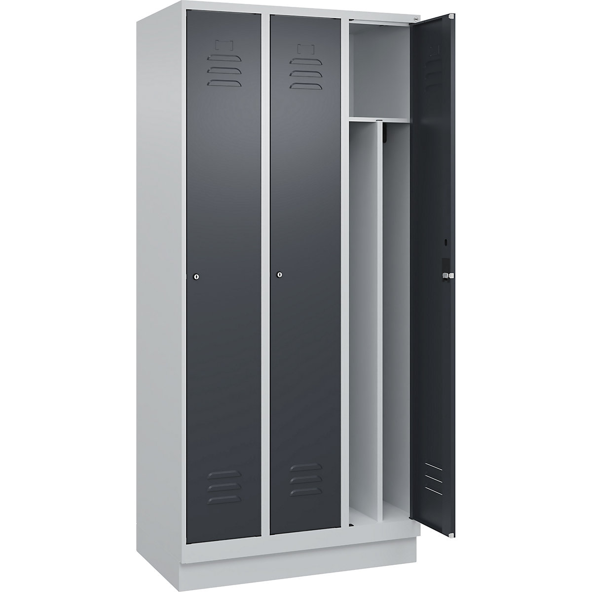 Cacifo com separação de roupa suja/limpa Classic PLUS, estreito – C+P, 3 compartimentos, divisória encurtada, cinzento claro/cinzento, L 900 mm, com rodapé, fechadura de cilindro, divisória central-0