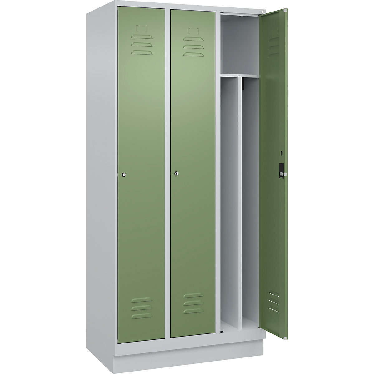 Cacifo com separação de roupa suja/limpa Classic PLUS, estreito – C+P, 3 compartimentos, divisória encurtada, cinzento claro/verde reseda, L 900 mm, com rodapé, fechadura de cilindro, divisória central-0