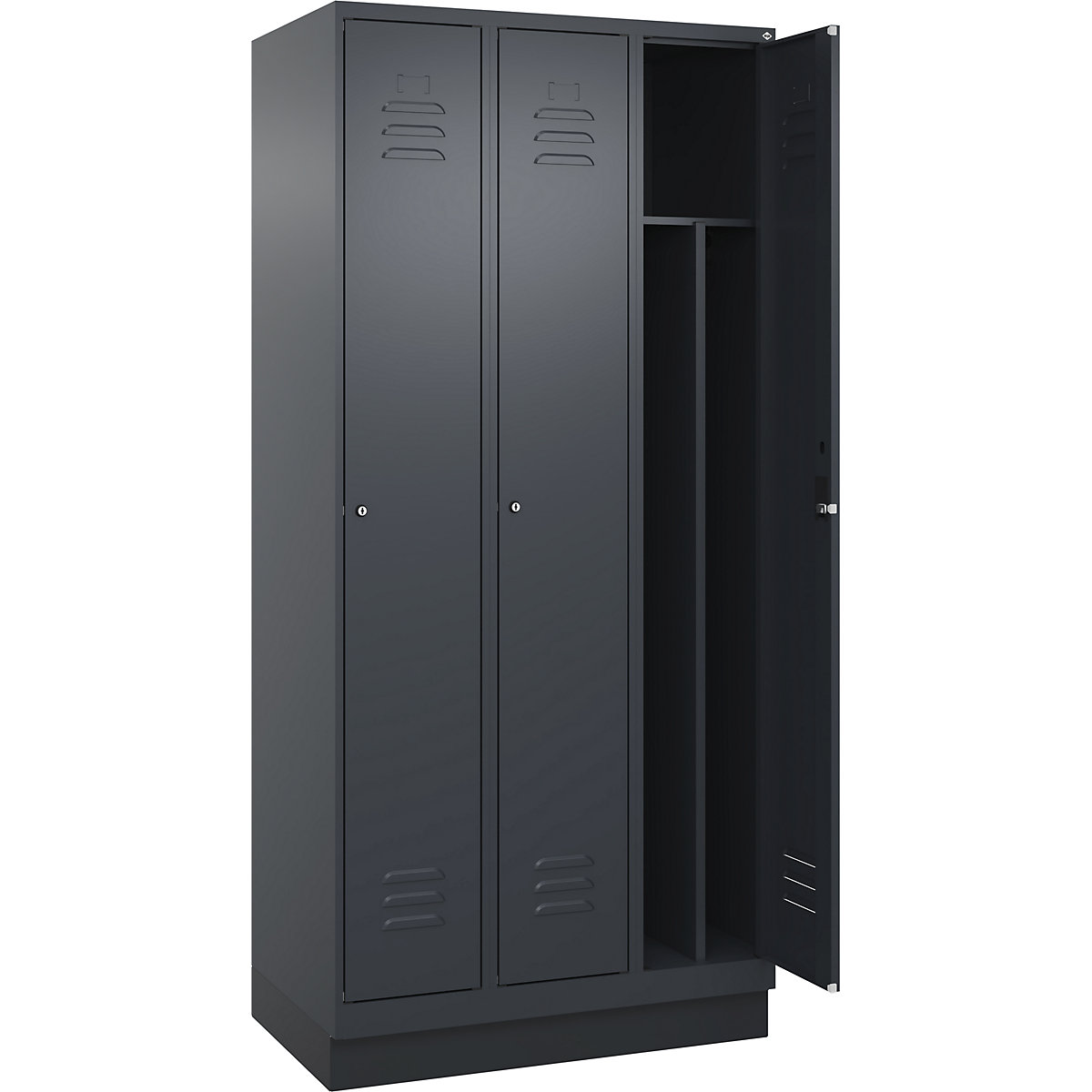 Cacifo com separação de roupa suja/limpa Classic PLUS, estreito – C+P, 3 compartimentos, divisória encurtada, cinzento, L 900 mm, com rodapé, fechadura de cilindro, divisória central-0