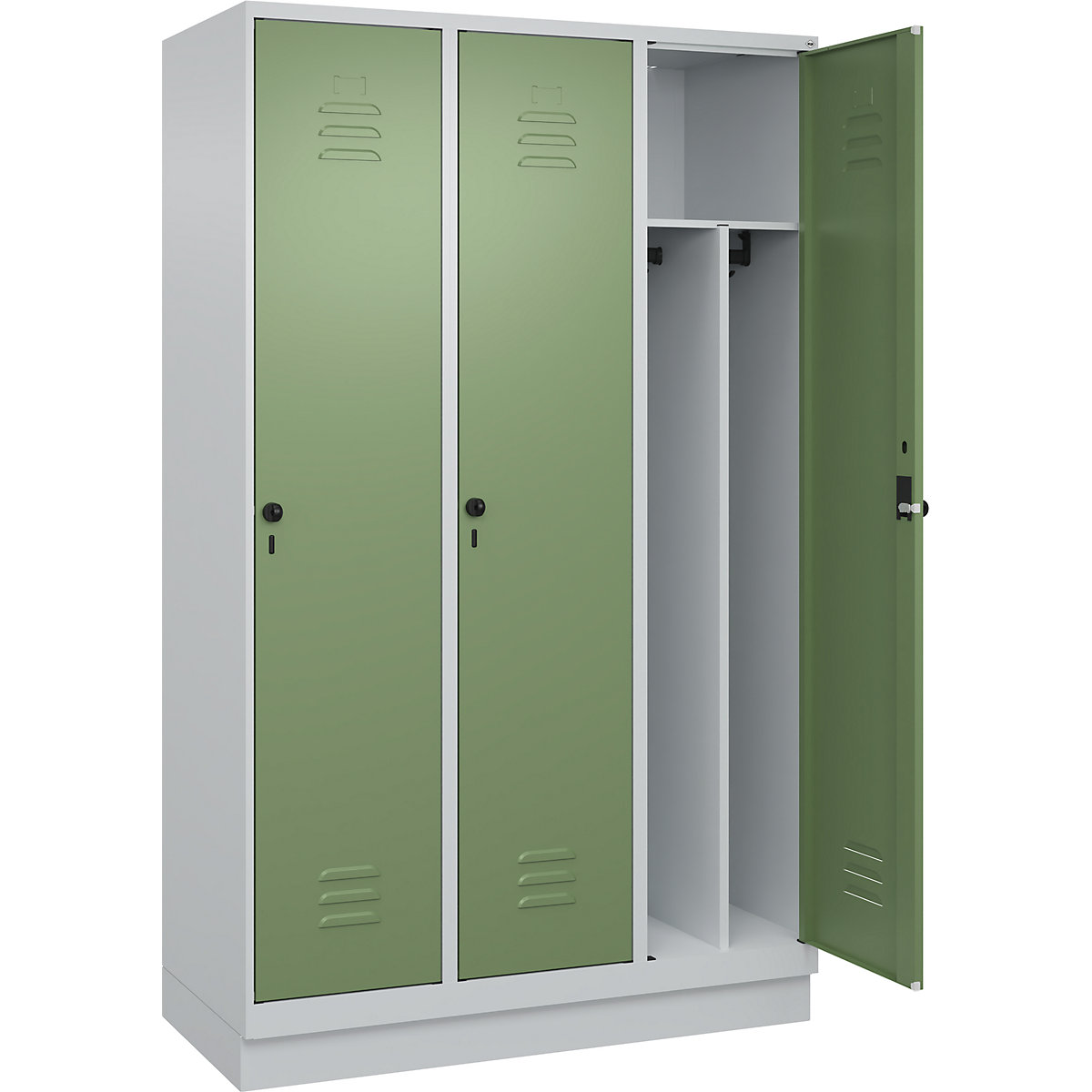 Cacifo com separação de roupa suja/limpa Classic PLUS, estreito – C+P, 3 compartimentos, divisória encurtada, cinzento claro/verde reseda, L 1200 mm, com rodapé, trinco rotativo, divisória central-0