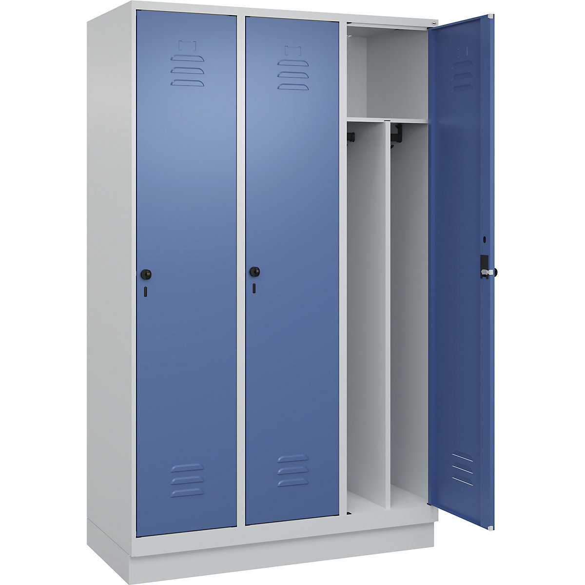 Cacifo com separação de roupa suja/limpa Classic PLUS, estreito – C+P, 3 compartimentos, divisória encurtada, cinzento claro/azul distante, L 1200 mm, com rodapé, trinco rotativo, divisória central-0