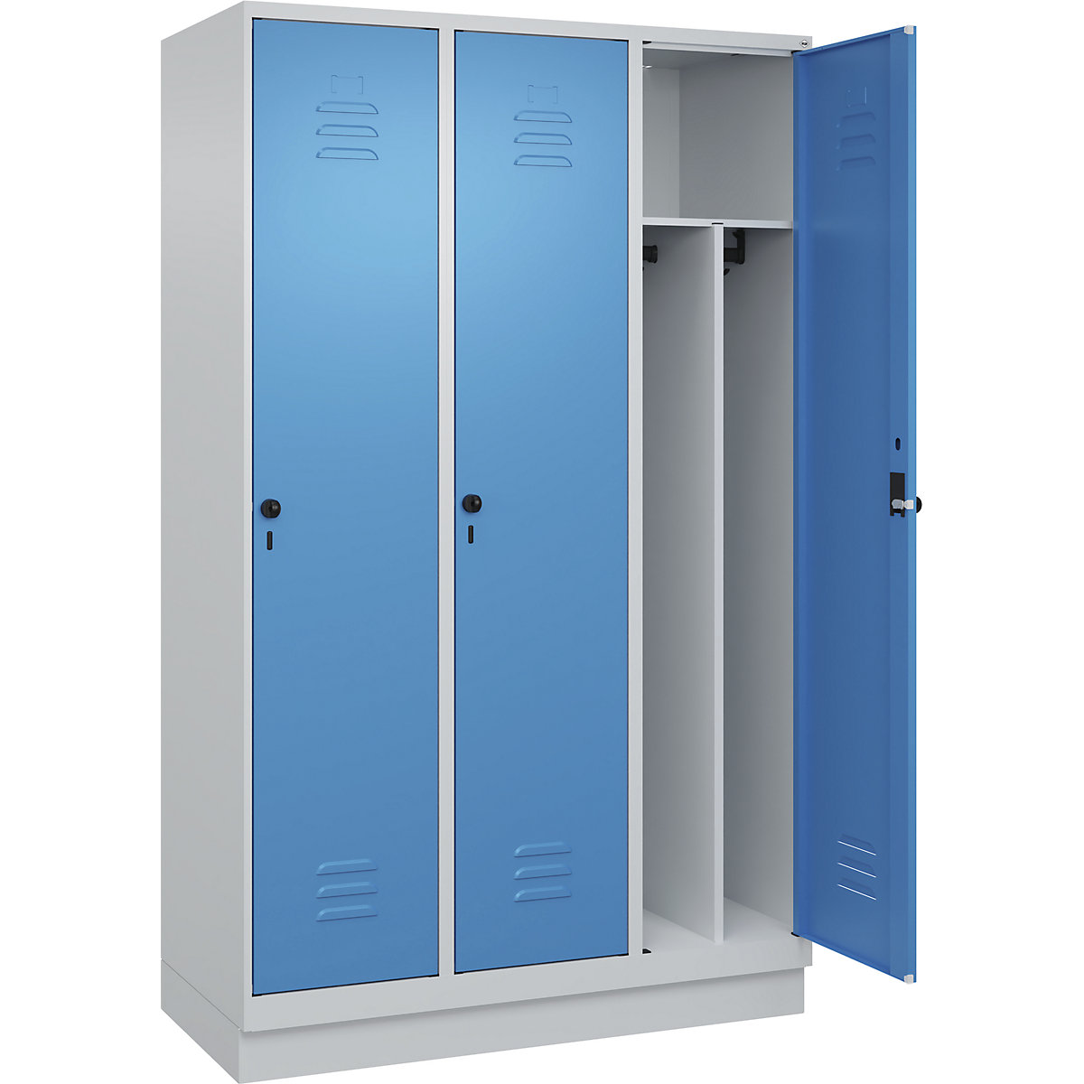 Cacifo com separação de roupa suja/limpa Classic PLUS, estreito – C+P, 3 compartimentos, divisória encurtada, cinzento claro/azul claro, L 1200 mm, com rodapé, trinco rotativo, divisória central-0
