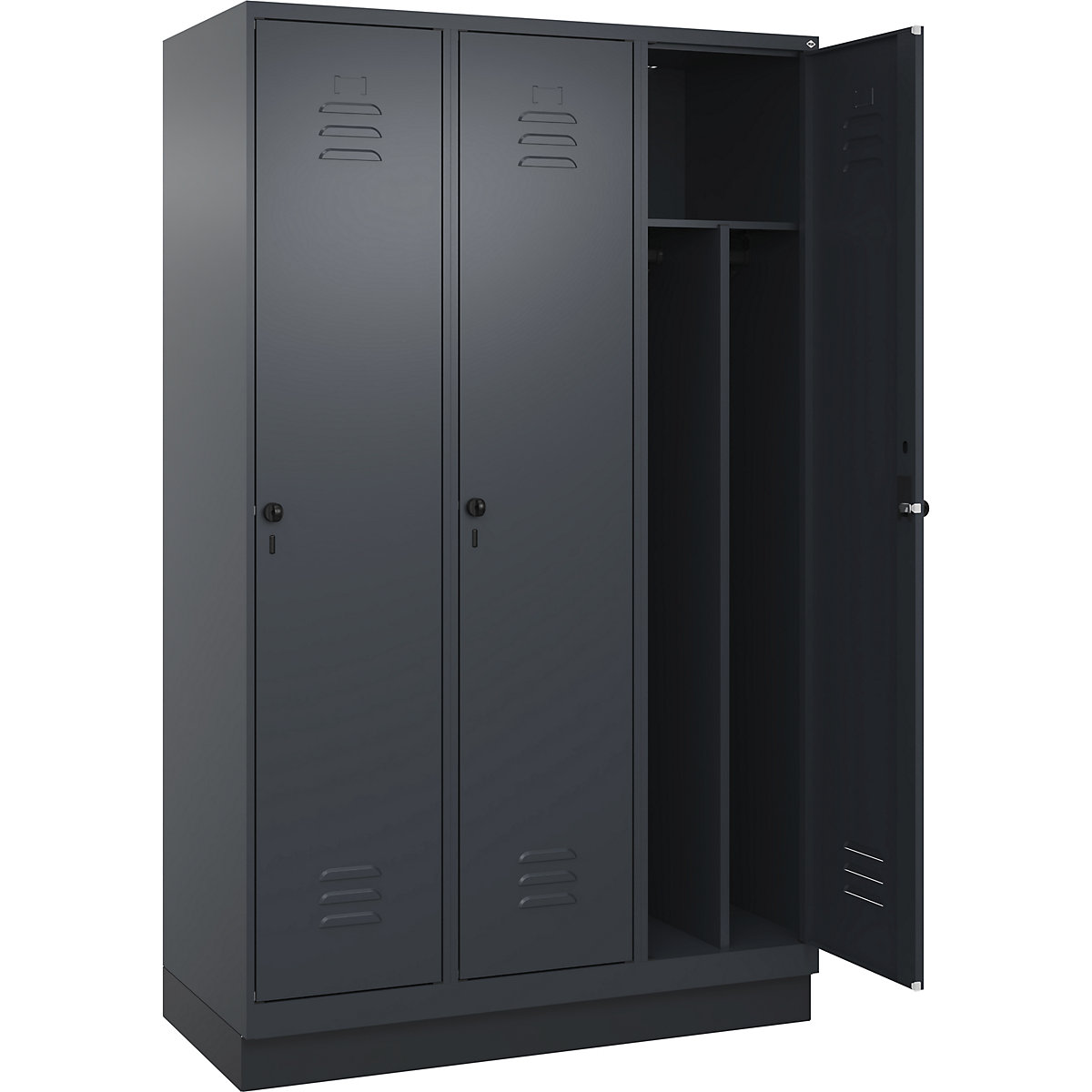 Cacifo com separação de roupa suja/limpa Classic PLUS, estreito – C+P, 3 compartimentos, divisória encurtada, cinzento, L 1200 mm, com rodapé, trinco rotativo, divisória central-0