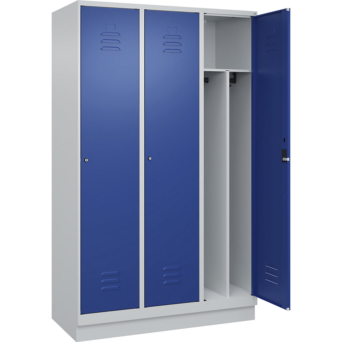 Cacifo com separação de roupa suja/limpa Classic PLUS, estreito – C+P, 3 compartimentos, divisória encurtada, cinzento claro/azul genciana, L 1200 mm, com rodapé, fechadura de cilindro, divisória central-0