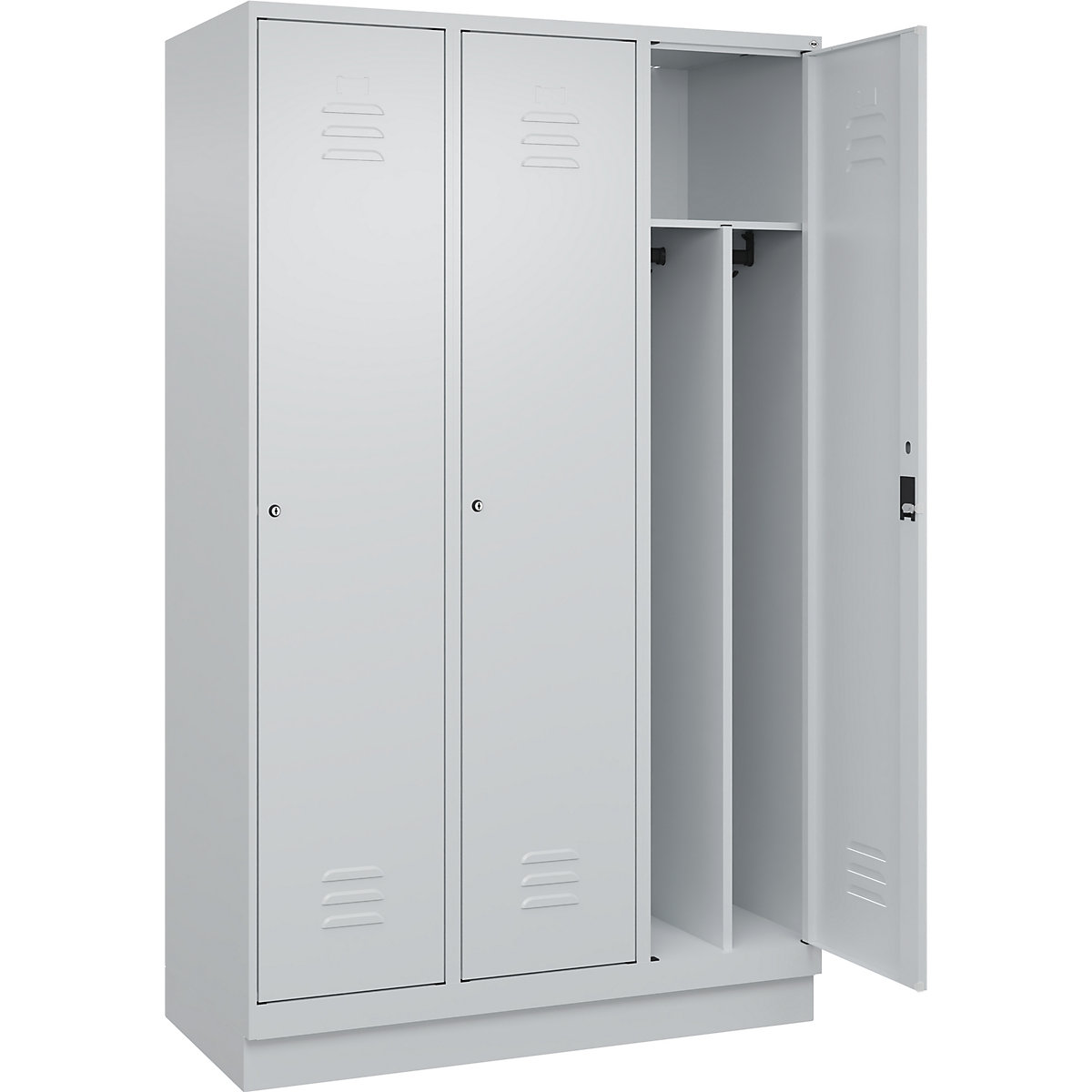 Cacifo com separação de roupa suja/limpa Classic PLUS, estreito – C+P, 3 compartimentos, divisória encurtada, cinzento claro, L 1200 mm, com rodapé, fechadura de cilindro, divisória central-0