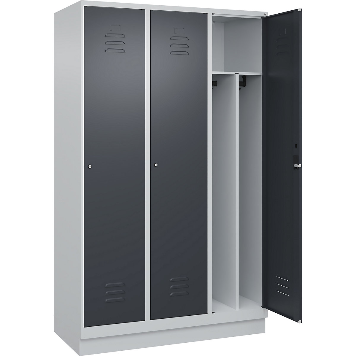 Cacifo com separação de roupa suja/limpa Classic PLUS, estreito – C+P, 3 compartimentos, divisória encurtada, cinzento claro/cinzento, L 1200 mm, com rodapé, fechadura de cilindro, divisória central-0