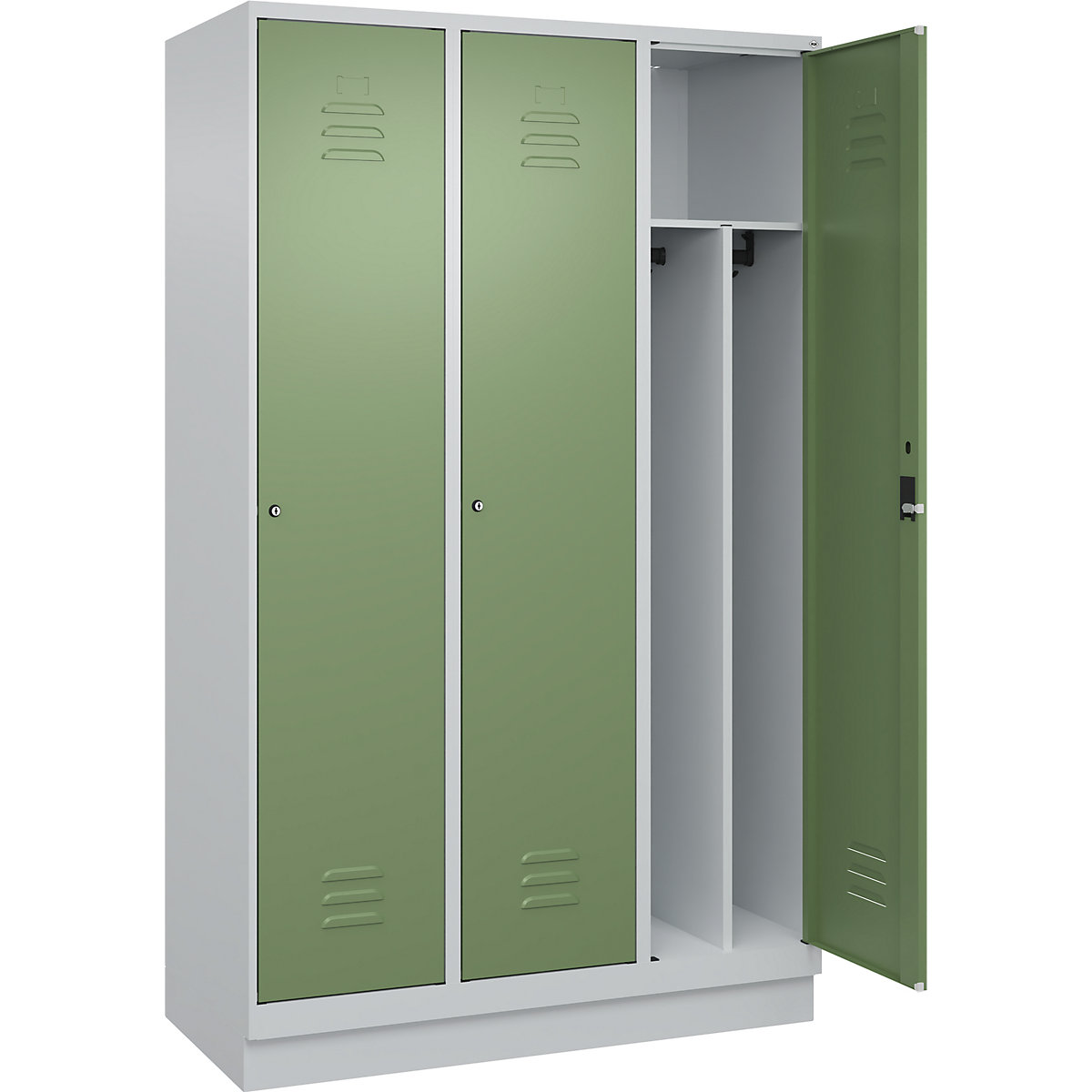 Cacifo com separação de roupa suja/limpa Classic PLUS, estreito – C+P, 3 compartimentos, divisória encurtada, cinzento claro/verde reseda, L 1200 mm, com rodapé, fechadura de cilindro, divisória central-0