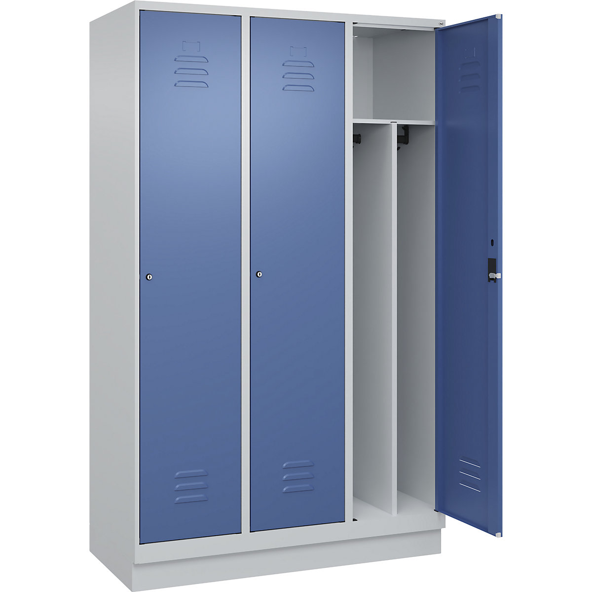 Cacifo com separação de roupa suja/limpa Classic PLUS, estreito – C+P, 3 compartimentos, divisória encurtada, cinzento claro/azul distante, L 1200 mm, com rodapé, fechadura de cilindro, divisória central-0