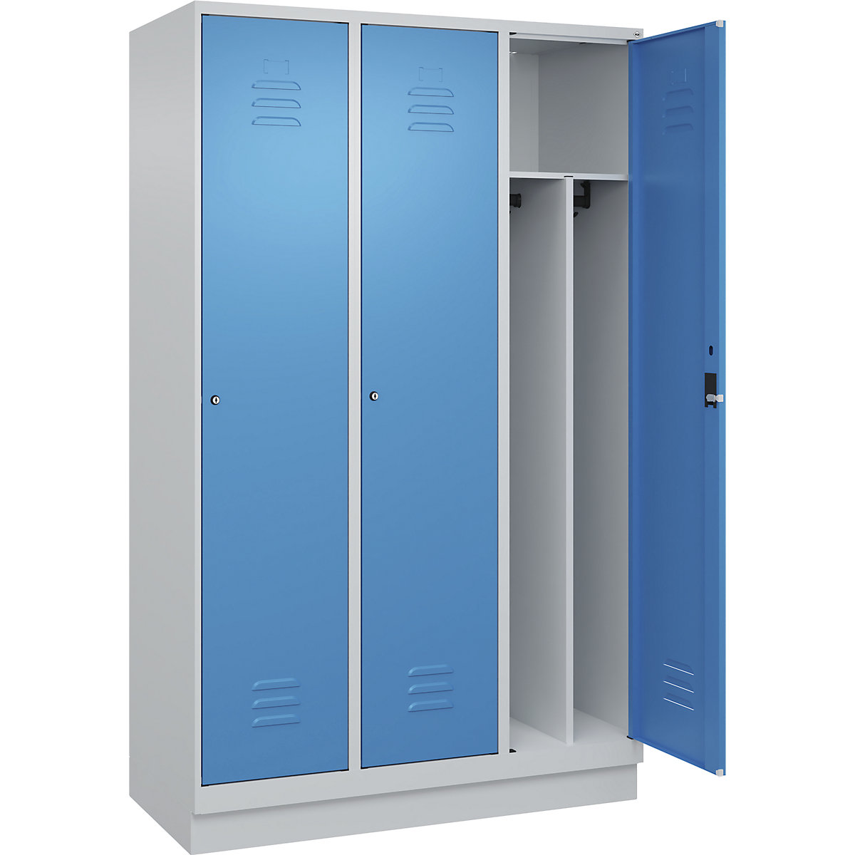 Cacifo com separação de roupa suja/limpa Classic PLUS, estreito – C+P, 3 compartimentos, divisória encurtada, cinzento claro/azul claro, L 1200 mm, com rodapé, fechadura de cilindro, divisória central-0