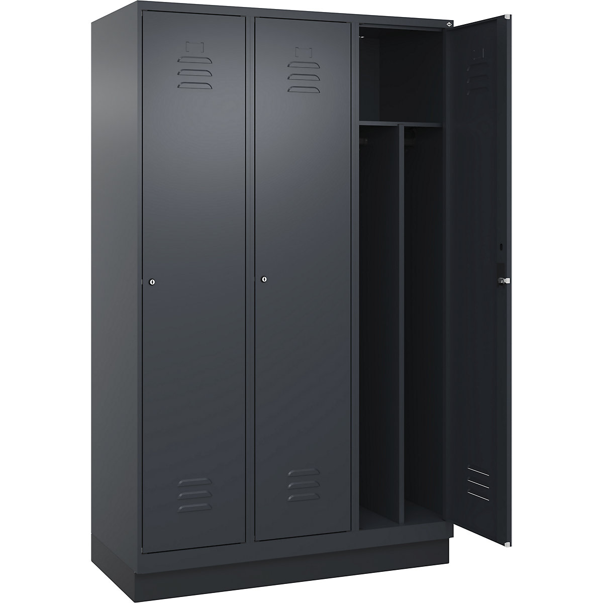 Cacifo com separação de roupa suja/limpa Classic PLUS, estreito – C+P, 3 compartimentos, divisória encurtada, cinzento, L 1200 mm, com rodapé, fechadura de cilindro, divisória central-0