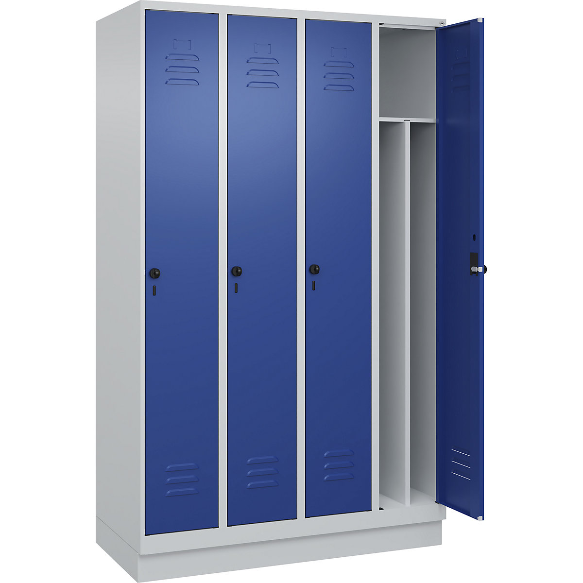 Cacifo com separação de roupa suja/limpa Classic PLUS, estreito – C+P, 4 compartimentos, divisória encurtada, cinzento claro/azul genciana, L 1200 mm, com rodapé, trinco rotativo, divisória central-0