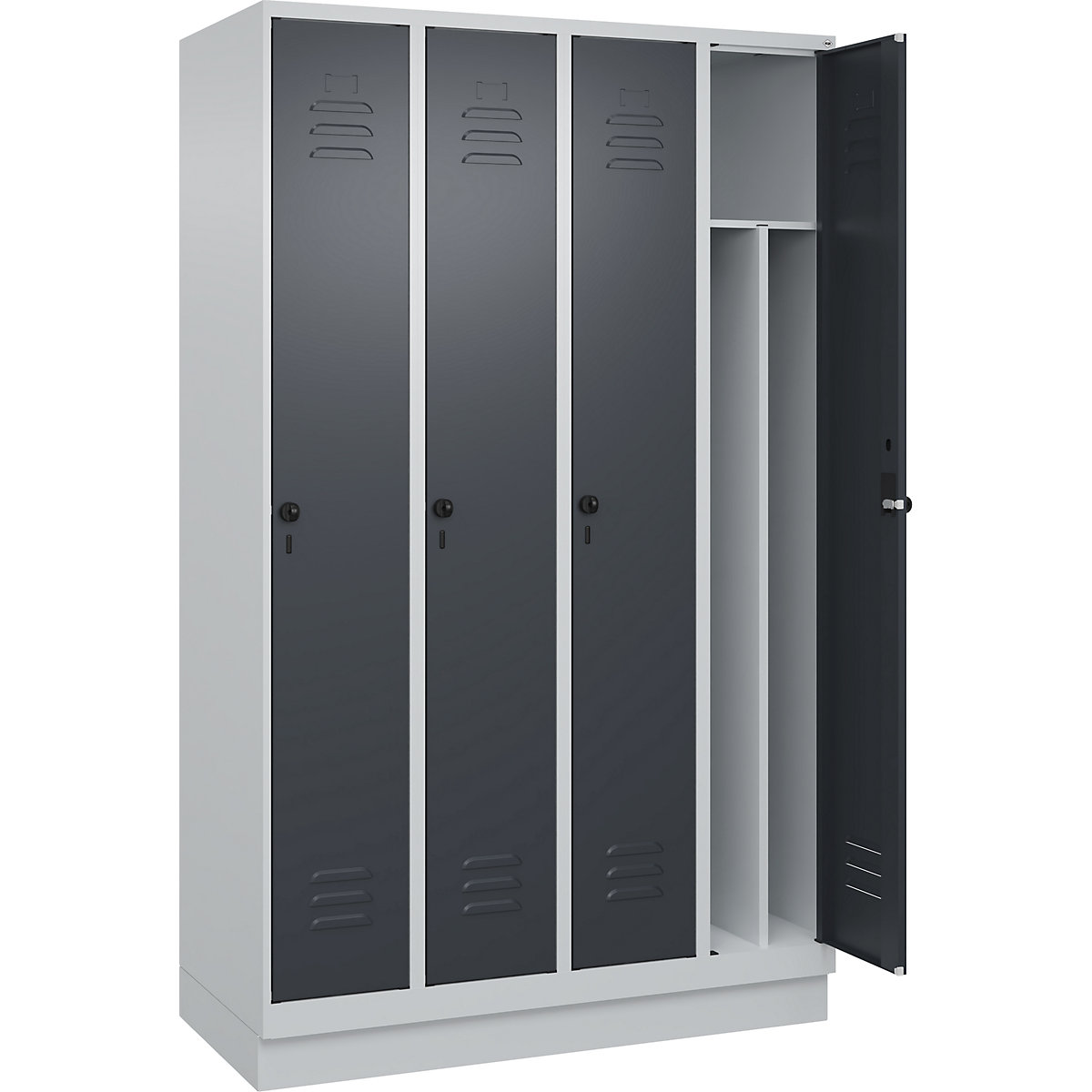 Cacifo com separação de roupa suja/limpa Classic PLUS, estreito – C+P, 4 compartimentos, divisória encurtada, cinzento claro/cinzento, L 1200 mm, com rodapé, trinco rotativo, divisória central-0