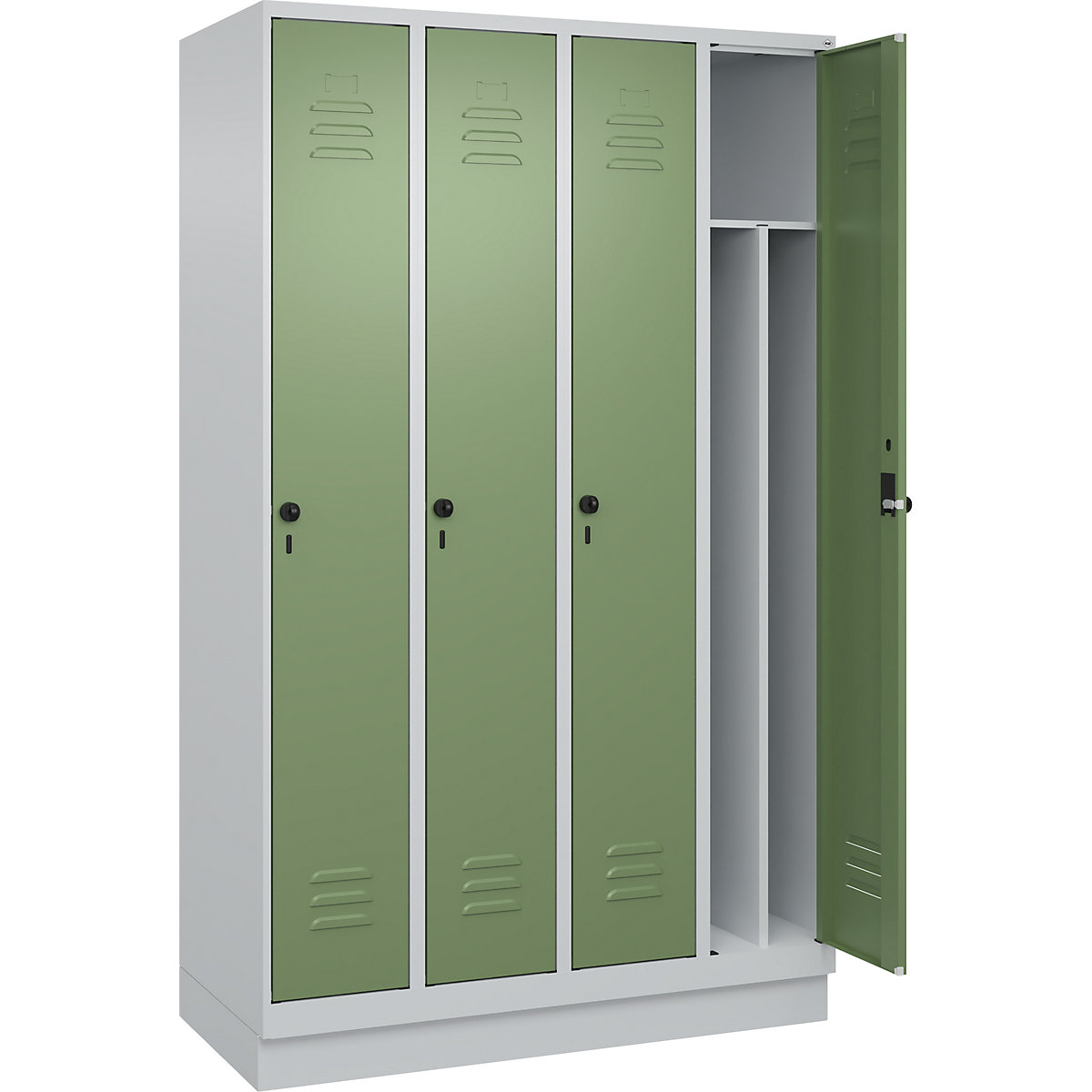 Cacifo com separação de roupa suja/limpa Classic PLUS, estreito – C+P, 4 compartimentos, divisória encurtada, cinzento claro/verde reseda, L 1200 mm, com rodapé, trinco rotativo, divisória central-0