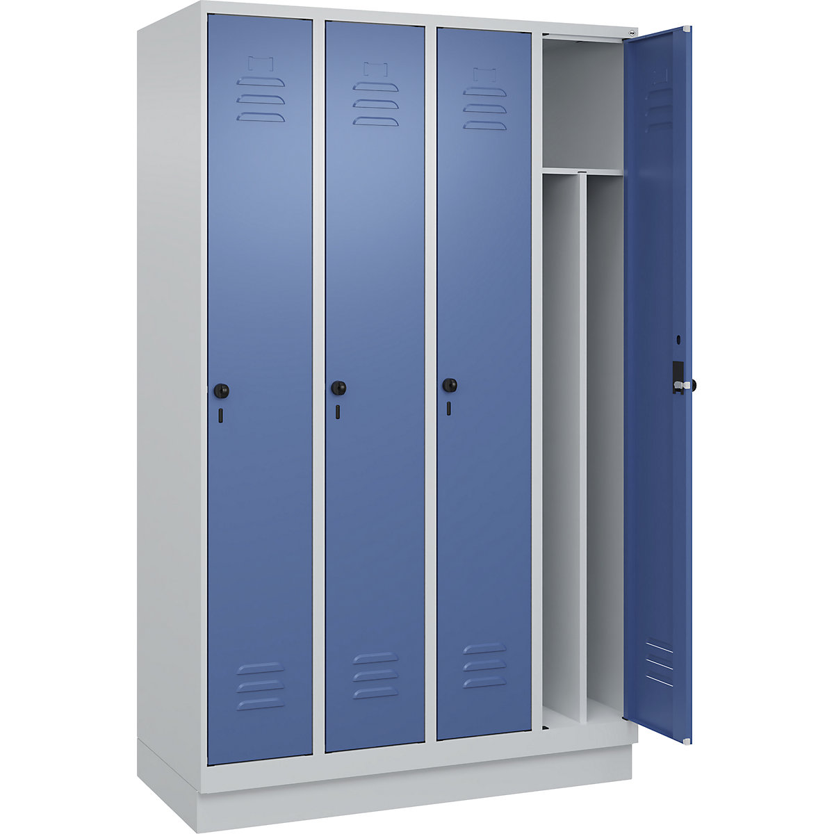 Cacifo com separação de roupa suja/limpa Classic PLUS, estreito – C+P, 4 compartimentos, divisória encurtada, cinzento claro/azul distante, L 1200 mm, com rodapé, trinco rotativo, divisória central-0