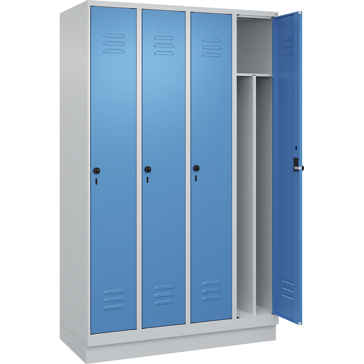 Cacifo com separação de roupa suja/limpa Classic PLUS, estreito – C+P, 4 compartimentos, divisória encurtada, cinzento claro/azul claro, L 1200 mm, com rodapé, trinco rotativo, divisória central-0