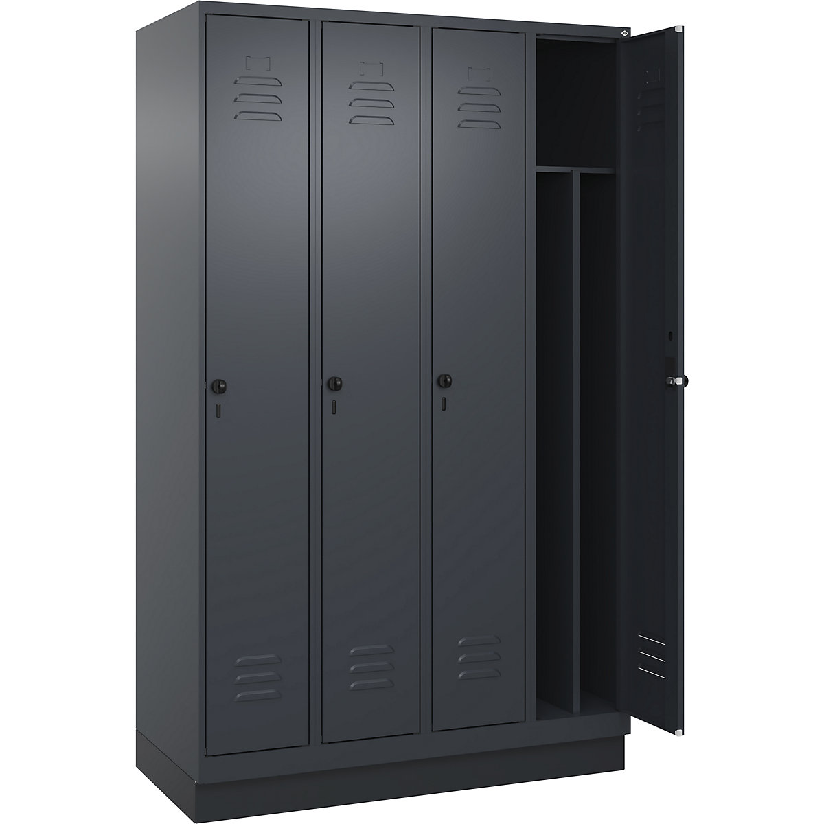 Cacifo com separação de roupa suja/limpa Classic PLUS, estreito – C+P, 4 compartimentos, divisória encurtada, cinzento, L 1200 mm, com rodapé, trinco rotativo, divisória central-0