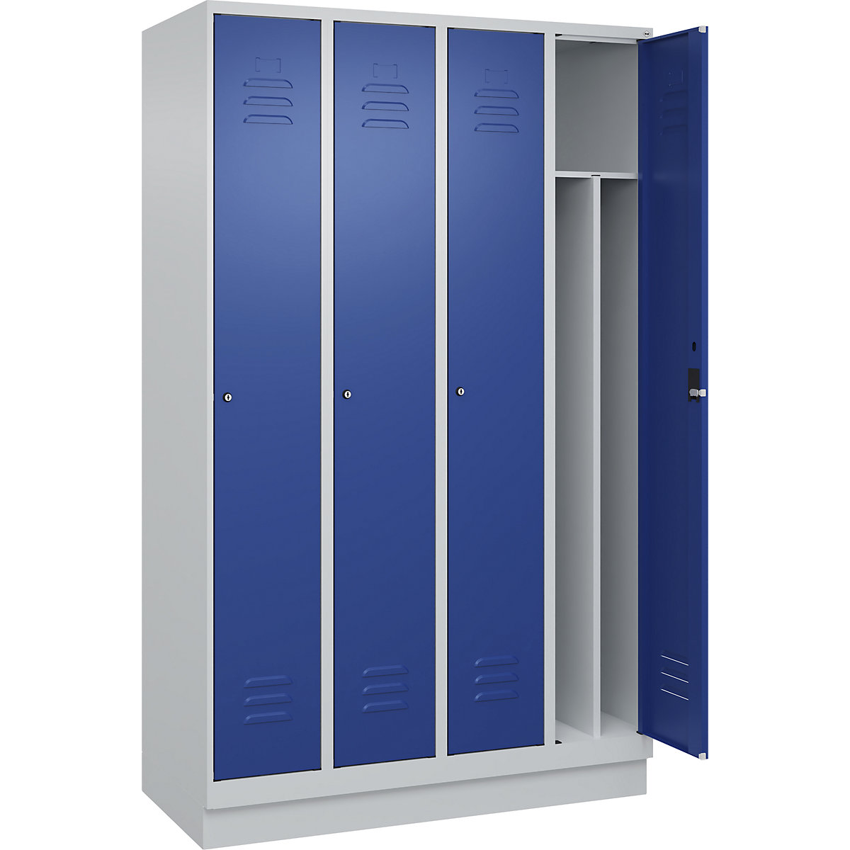 Cacifo com separação de roupa suja/limpa Classic PLUS, estreito – C+P, 4 compartimentos, divisória encurtada, cinzento claro/azul genciana, L 1200 mm, com rodapé, fechadura de cilindro, divisória central-0
