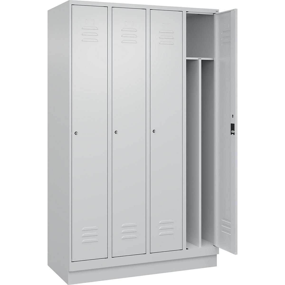 Cacifo com separação de roupa suja/limpa Classic PLUS, estreito – C+P, 4 compartimentos, divisória encurtada, cinzento claro, L 1200 mm, com rodapé, fechadura de cilindro, divisória central-0