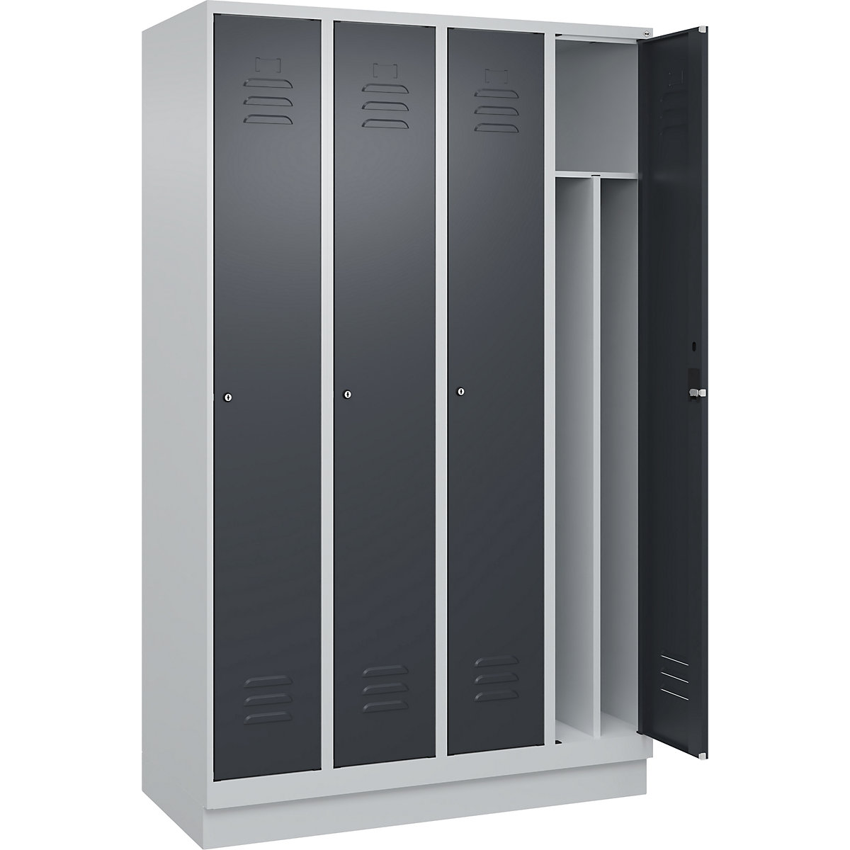 Cacifo com separação de roupa suja/limpa Classic PLUS, estreito – C+P, 4 compartimentos, divisória encurtada, cinzento claro/cinzento, L 1200 mm, com rodapé, fechadura de cilindro, divisória central-0