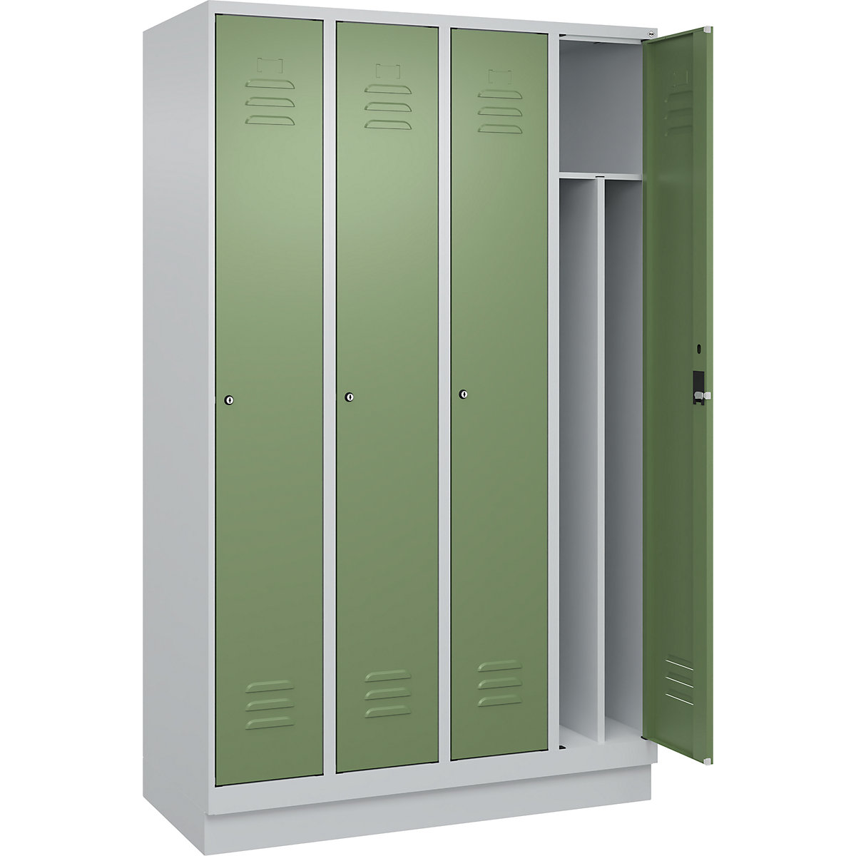 Cacifo com separação de roupa suja/limpa Classic PLUS, estreito – C+P, 4 compartimentos, divisória encurtada, cinzento claro/verde reseda, L 1200 mm, com rodapé, fechadura de cilindro, divisória central-0