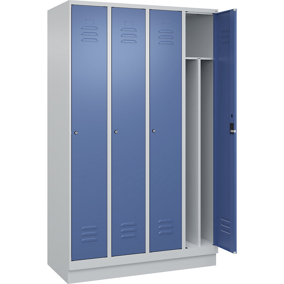 Cacifo com separação de roupa suja/limpa Classic PLUS, estreito – C+P, 4 compartimentos, divisória encurtada, cinzento claro/azul distante, L 1200 mm, com rodapé, fechadura de cilindro, divisória central-0