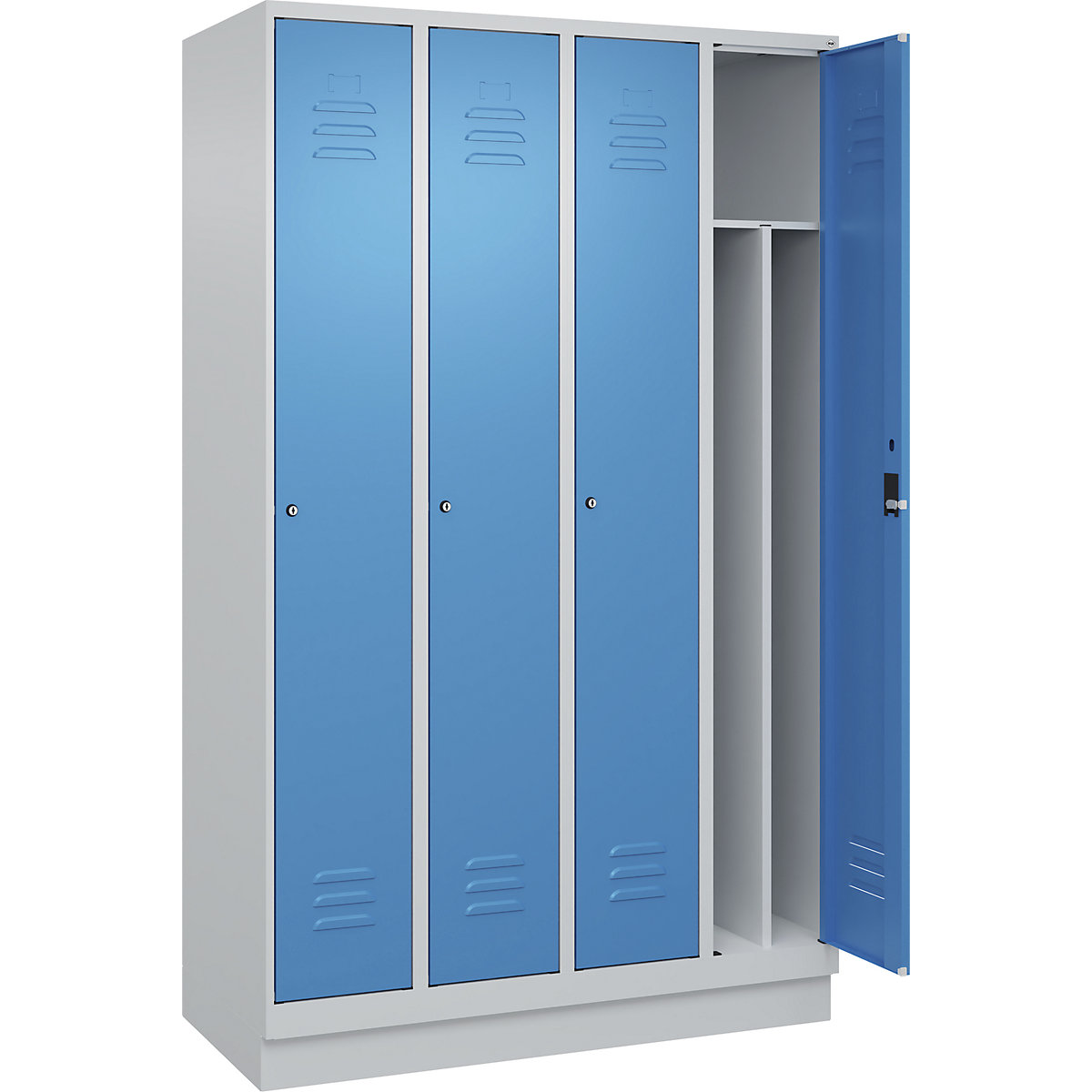 Cacifo com separação de roupa suja/limpa Classic PLUS, estreito – C+P, 4 compartimentos, divisória encurtada, cinzento claro/azul claro, L 1200 mm, com rodapé, fechadura de cilindro, divisória central-0