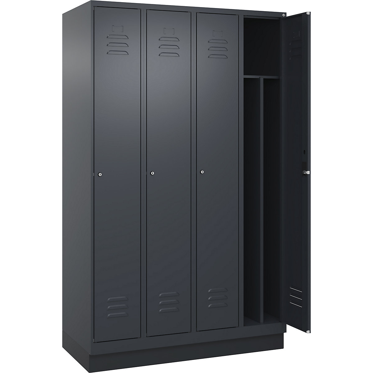 Cacifo com separação de roupa suja/limpa Classic PLUS, estreito – C+P, 4 compartimentos, divisória encurtada, cinzento, L 1200 mm, com rodapé, fechadura de cilindro, divisória central-0