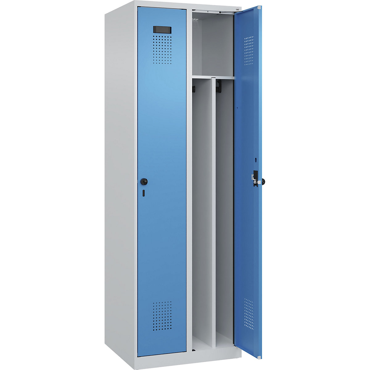 Cacifo com separação de roupa suja/limpa Evolo PLUS, estreito, 2 compartimentos, divisória encurtada, cinzento claro/azul claro, L 600 mm, com sapatas, trinco de segurança rotativo-0