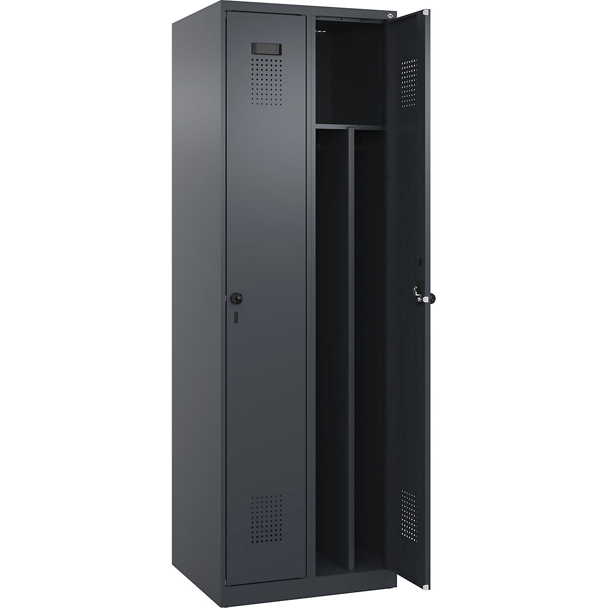 Cacifo com separação de roupa suja/limpa Evolo PLUS, estreito, 2 compartimentos, divisória encurtada, cinzento, L 600 mm, com sapatas, trinco de segurança rotativo-0