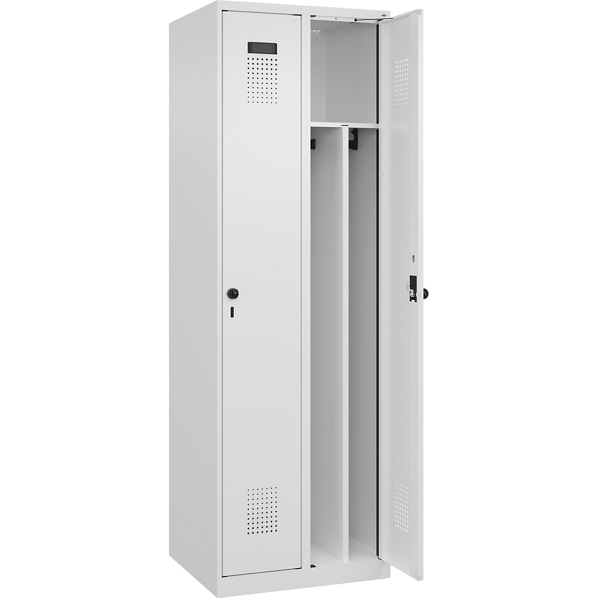Cacifo com separação de roupa suja/limpa Evolo PLUS, estreito, 2 compartimentos, divisória encurtada, branco, L 600 mm, com sapatas, trinco de segurança rotativo-0