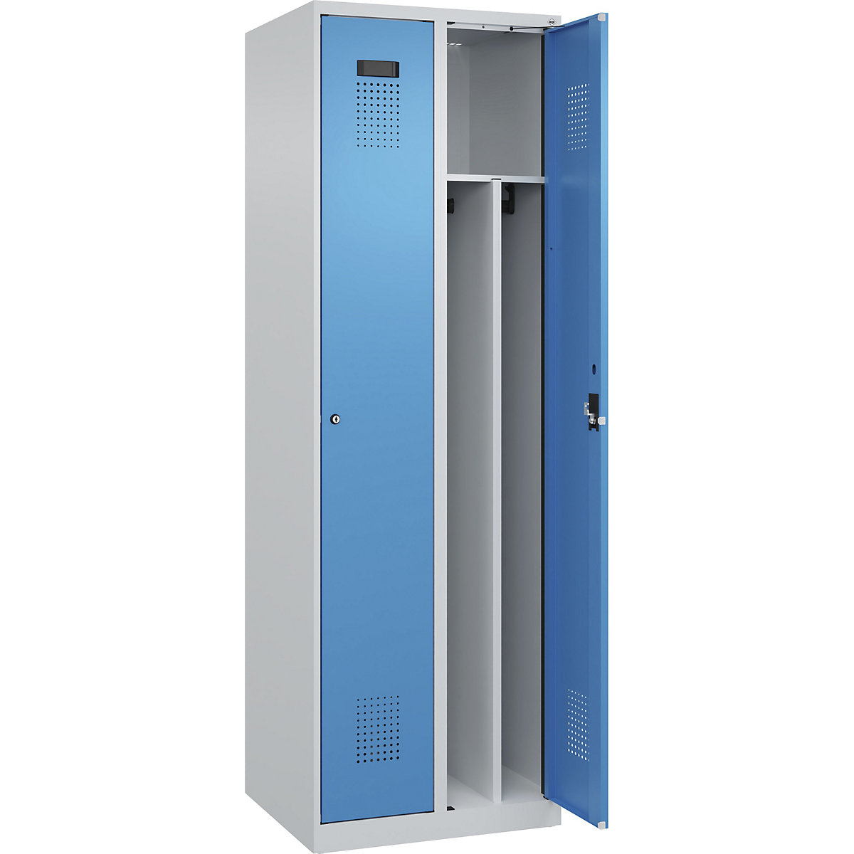 Cacifo com separação de roupa suja/limpa Evolo PLUS, estreito, 2 compartimentos, divisória encurtada, cinzento claro/azul claro, L 600 mm, com sapatas, fechadura de cilindro-0