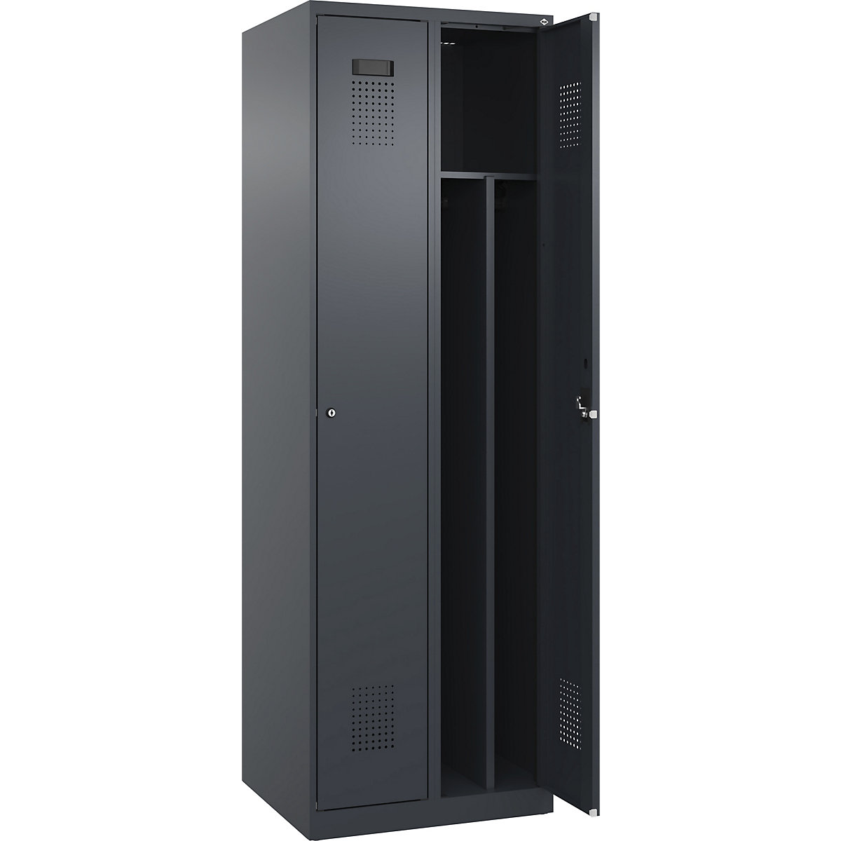 Cacifo com separação de roupa suja/limpa Evolo PLUS, estreito, 2 compartimentos, divisória encurtada, cinzento, L 600 mm, com sapatas, fechadura de cilindro-0