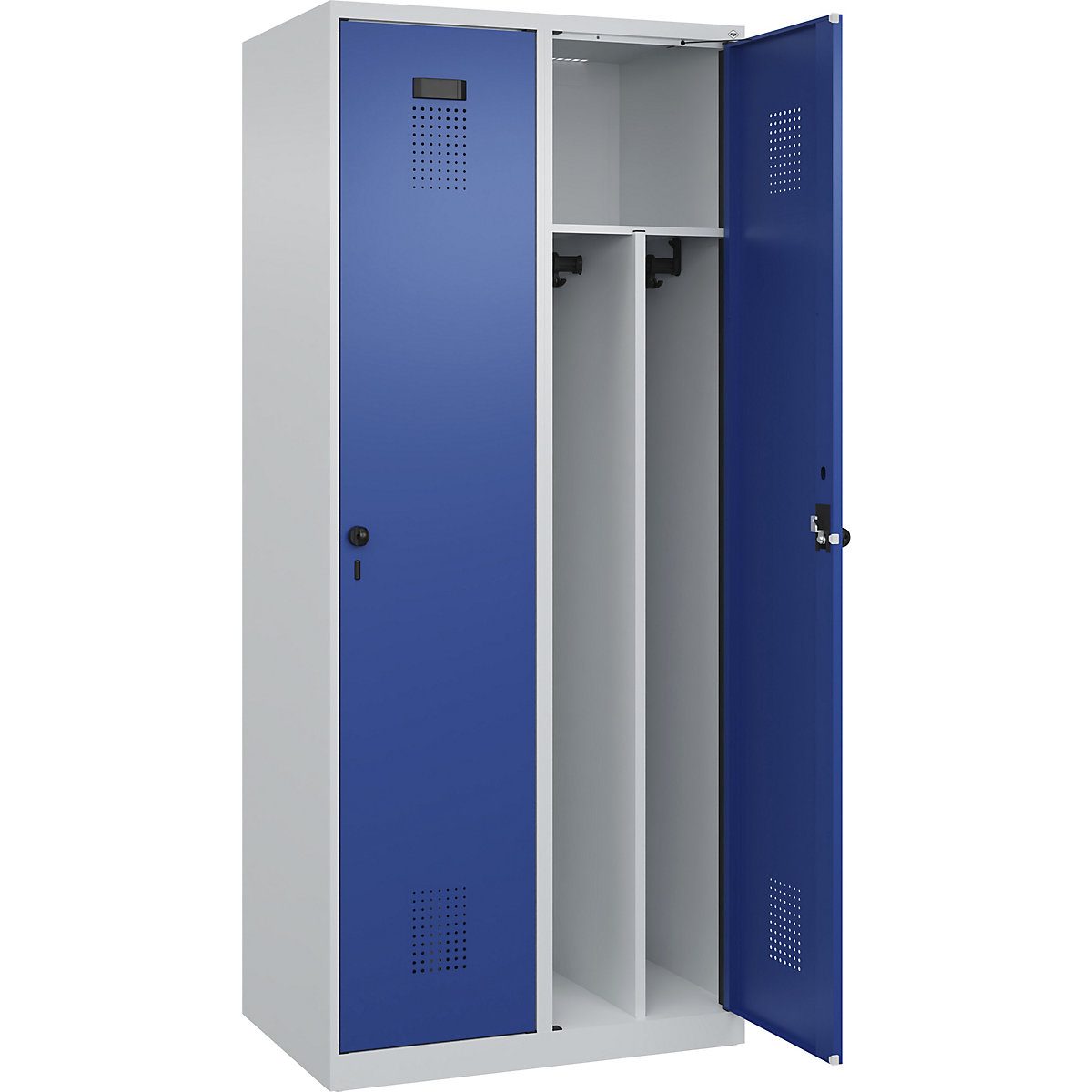 Cacifo com separação de roupa suja/limpa Evolo PLUS, estreito, 2 compartimentos, divisória encurtada, cinzento claro/azul genciana, L 800 mm, com sapatas, trinco de segurança rotativo-0