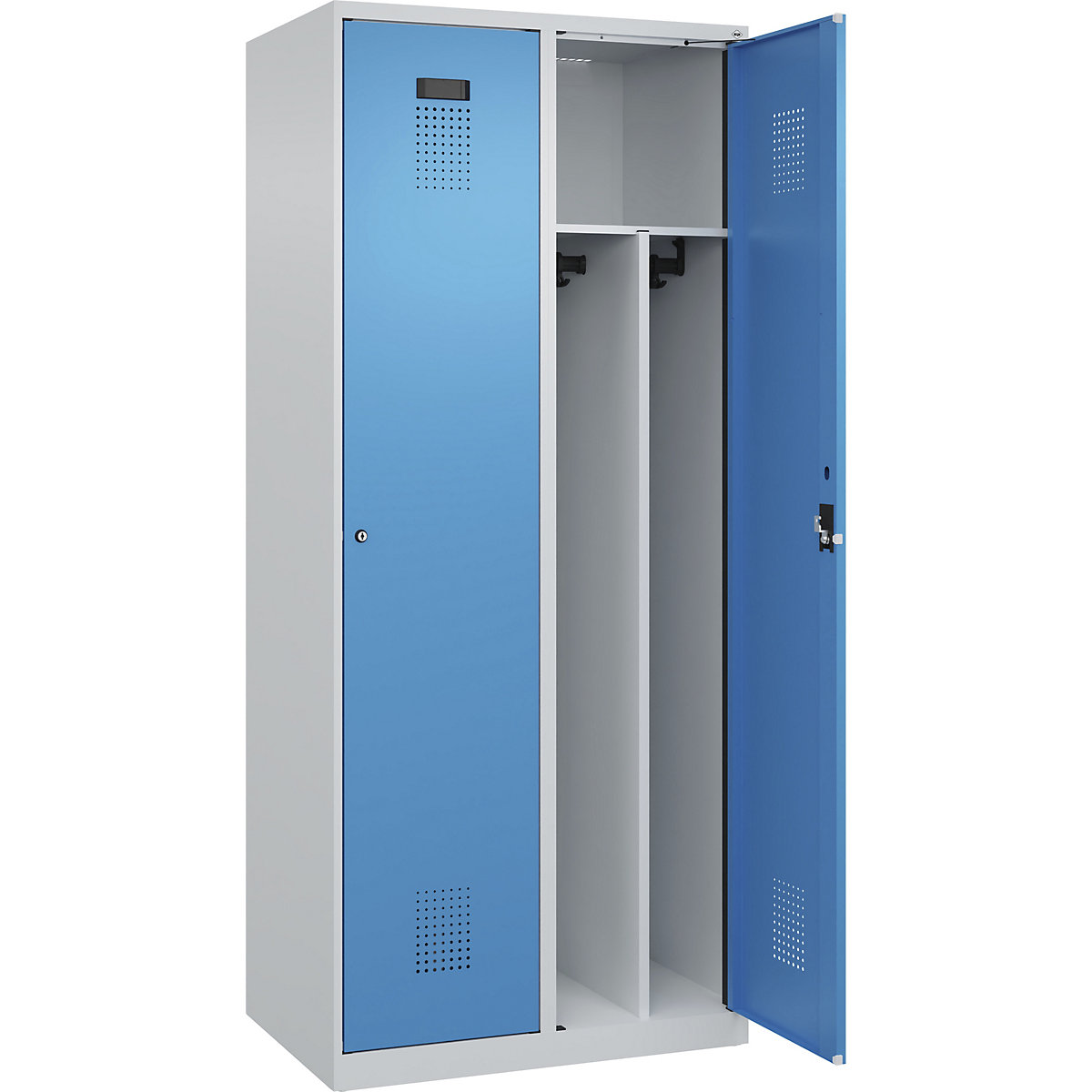Cacifo com separação de roupa suja/limpa Evolo PLUS, estreito, 2 compartimentos, divisória encurtada, cinzento claro/azul claro, L 800 mm, com sapatas, fechadura de cilindro-0