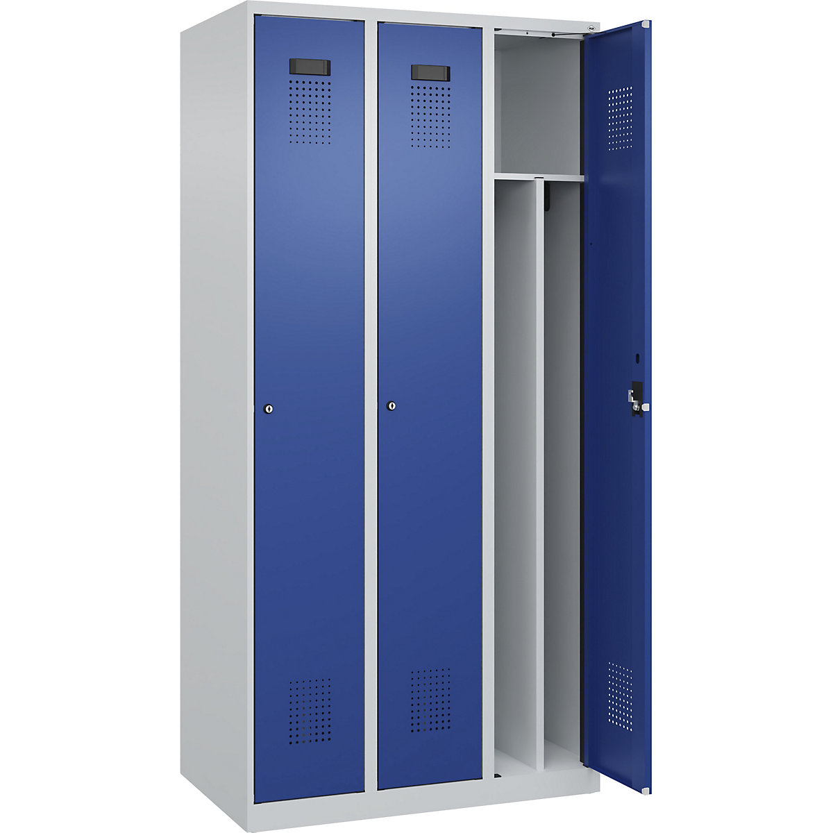 Cacifo com separação de roupa suja/limpa Evolo PLUS, estreito, 3 compartimentos, divisória encurtada, cinzento claro/azul genciana, L 900 mm, com sapatas, fechadura de cilindro-0