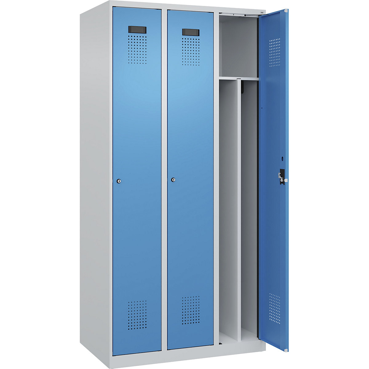 Cacifo com separação de roupa suja/limpa Evolo PLUS, estreito, 3 compartimentos, divisória encurtada, cinzento claro/azul claro, L 900 mm, com sapatas, fechadura de cilindro-0