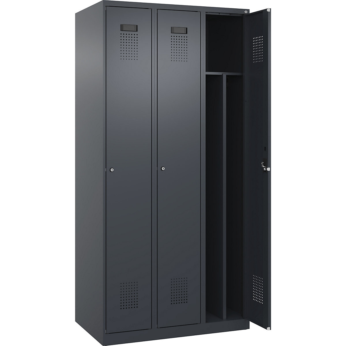 Cacifo com separação de roupa suja/limpa Evolo PLUS, estreito, 3 compartimentos, divisória encurtada, cinzento, L 900 mm, com sapatas, fechadura de cilindro-0