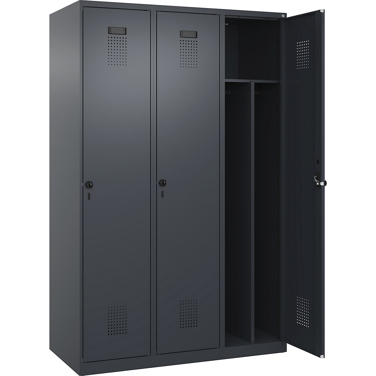 Cacifo com separação de roupa suja/limpa Evolo PLUS, estreito, 3 compartimentos, divisória encurtada, cinzento, L 1200 mm, com sapatas, trinco de segurança rotativo-0